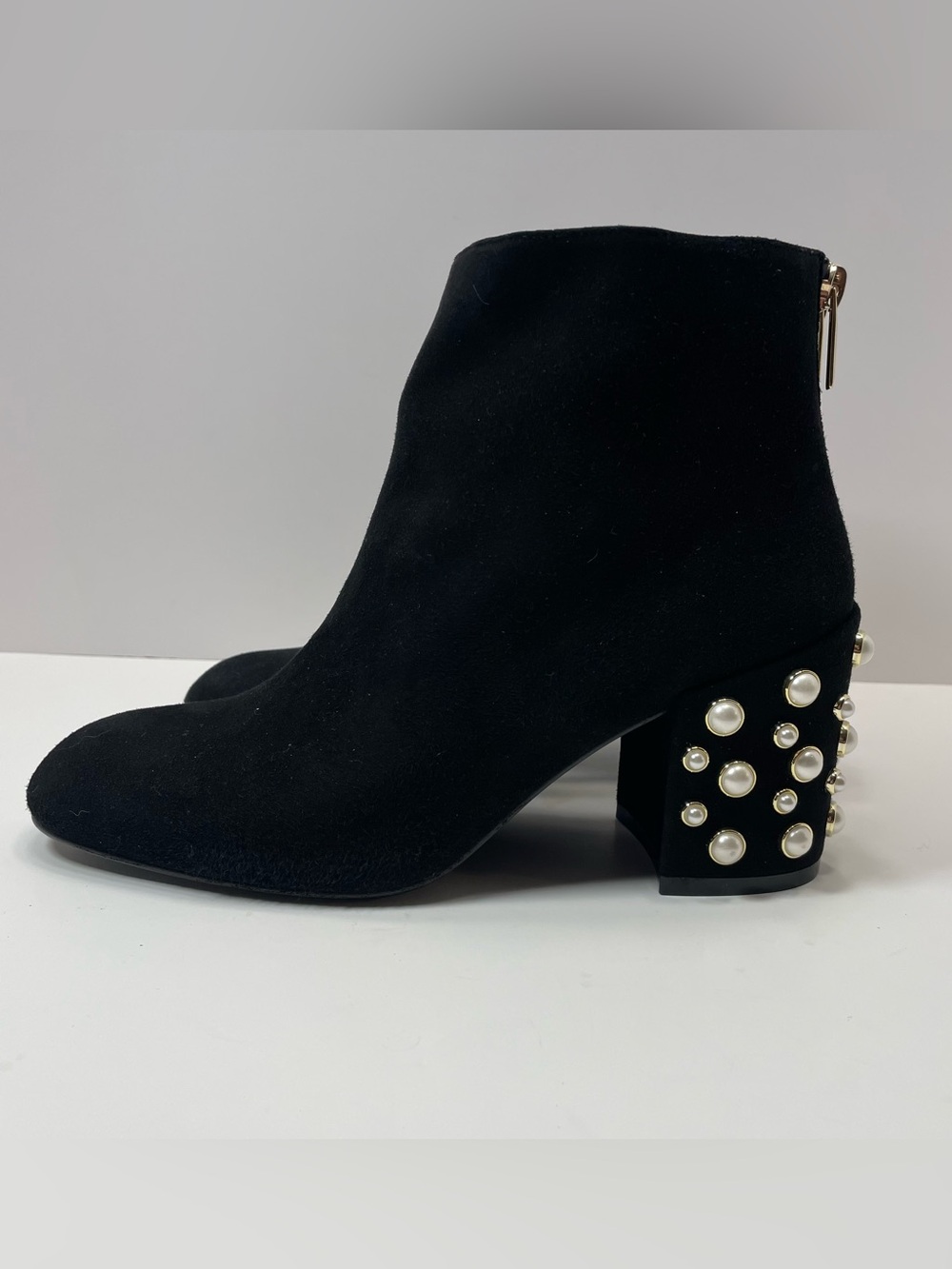 Stuart Weitzman Black Suede Ankle Boots with Pearl-Studded Block Heel